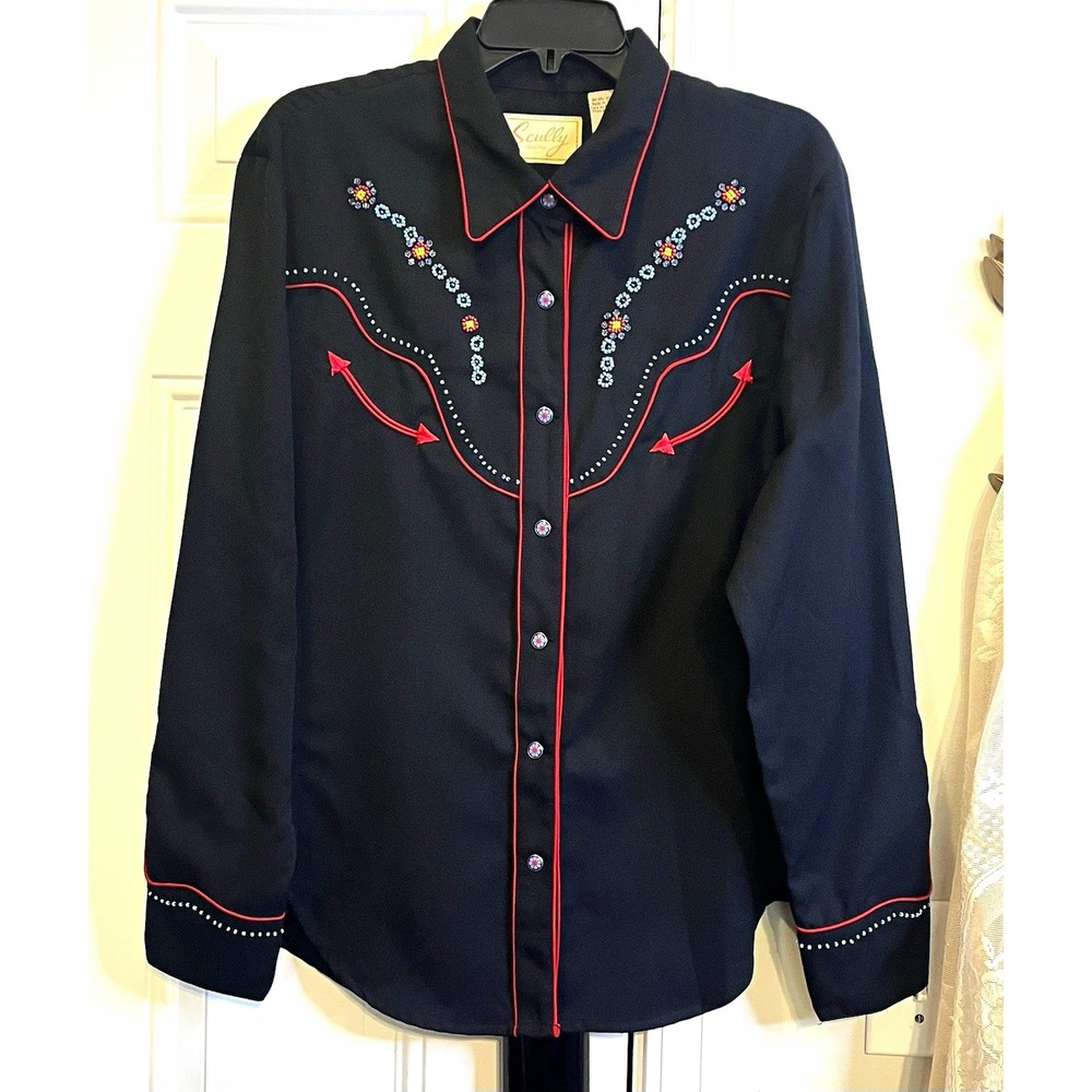Scully Women XL Western Shirt Beaded Floral Black Red Piping Snap Button Cowgirl